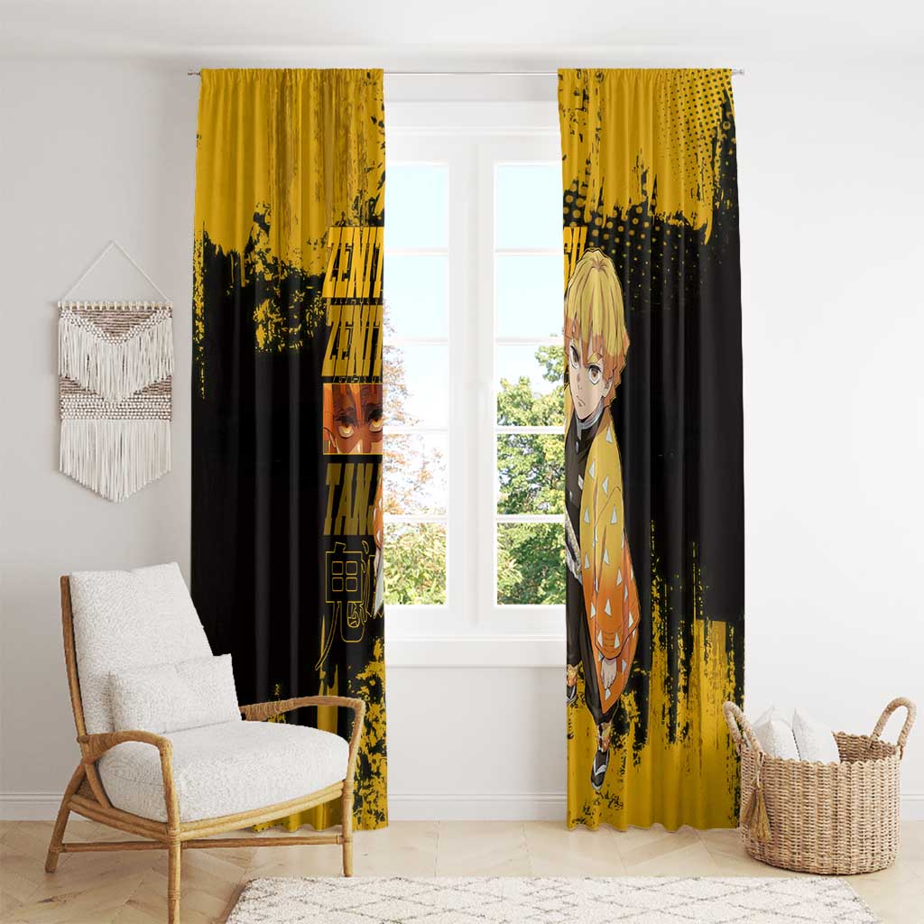 Zenitsu Agatsuma Demon Slayer Yellow Grunge Design Window Curtain with Lightning Eyes and Bold Pose - The Mazicc
