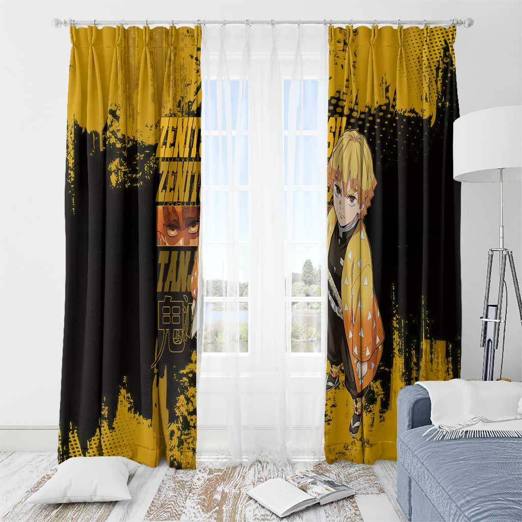 Zenitsu Agatsuma Demon Slayer Yellow Grunge Design Window Curtain with Lightning Eyes and Bold Pose - The Mazicc