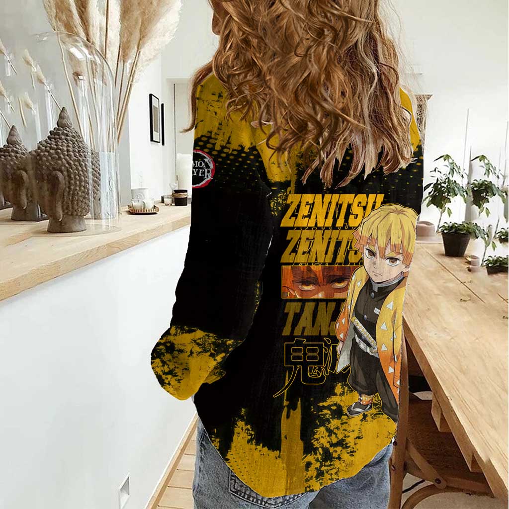 Zenitsu Agatsuma Demon Slayer Yellow Grunge Design Women Casual Shirt with Lightning Eyes and Bold Pose - The Mazicc