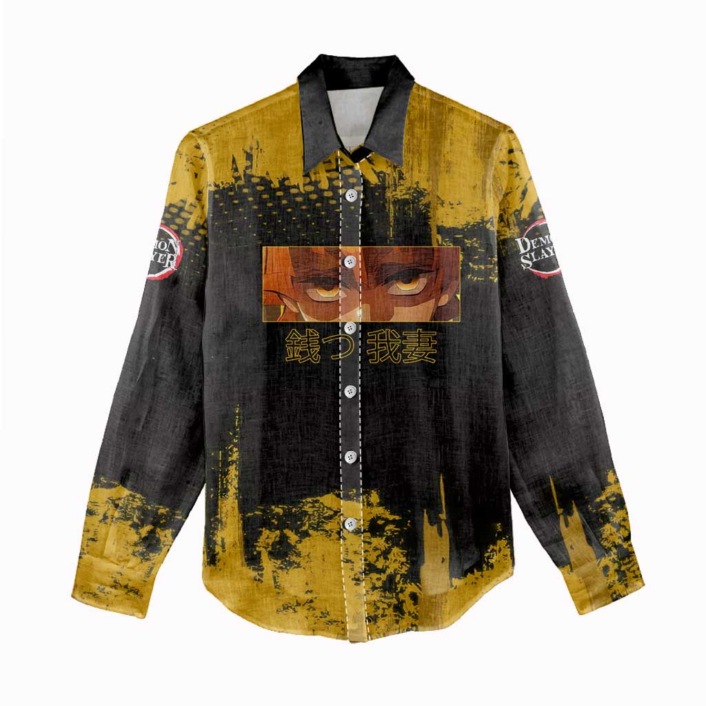 Zenitsu Agatsuma Demon Slayer Yellow Grunge Design Women Casual Shirt with Lightning Eyes and Bold Pose - The Mazicc