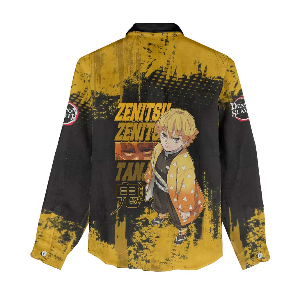 Zenitsu Agatsuma Demon Slayer Yellow Grunge Design Women Casual Shirt with Lightning Eyes and Bold Pose - The Mazicc