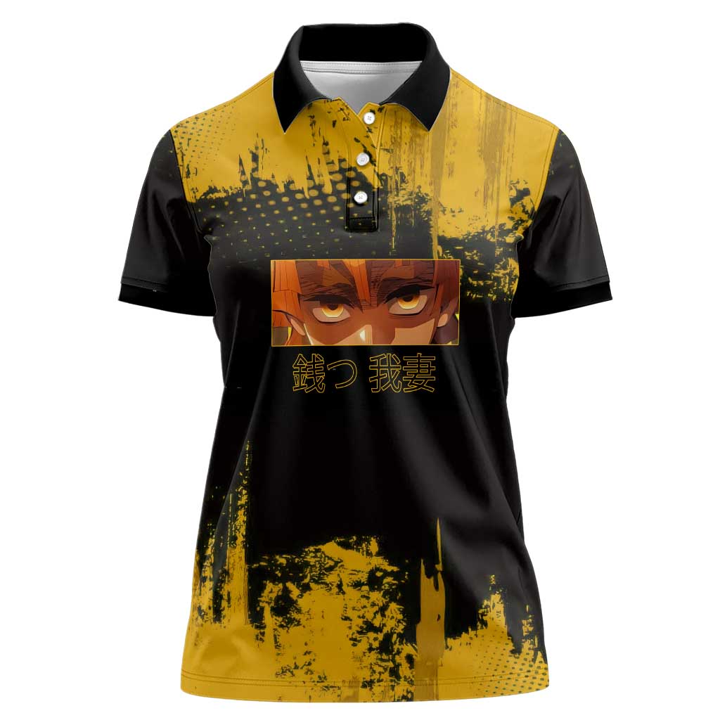 Zenitsu Agatsuma Demon Slayer Yellow Grunge Design Women Polo Shirt with Lightning Eyes and Bold Pose - The Mazicc