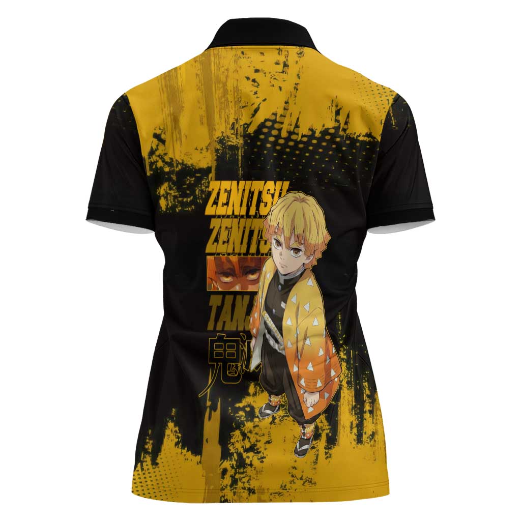 Zenitsu Agatsuma Demon Slayer Yellow Grunge Design Women Polo Shirt with Lightning Eyes and Bold Pose - The Mazicc