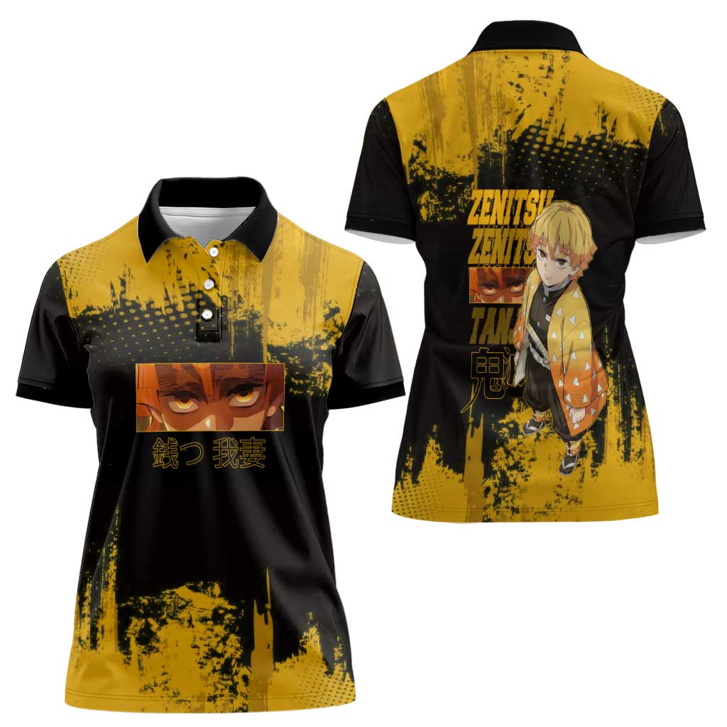 Zenitsu Agatsuma Demon Slayer Yellow Grunge Design Women Polo Shirt with Lightning Eyes and Bold Pose - The Mazicc