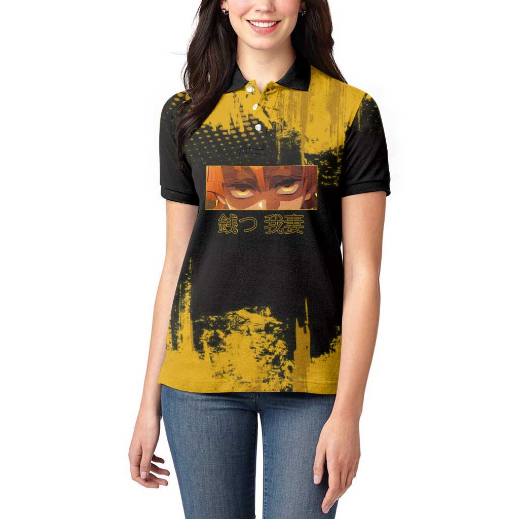 Zenitsu Agatsuma Demon Slayer Yellow Grunge Design Women Polo Shirt with Lightning Eyes and Bold Pose - The Mazicc