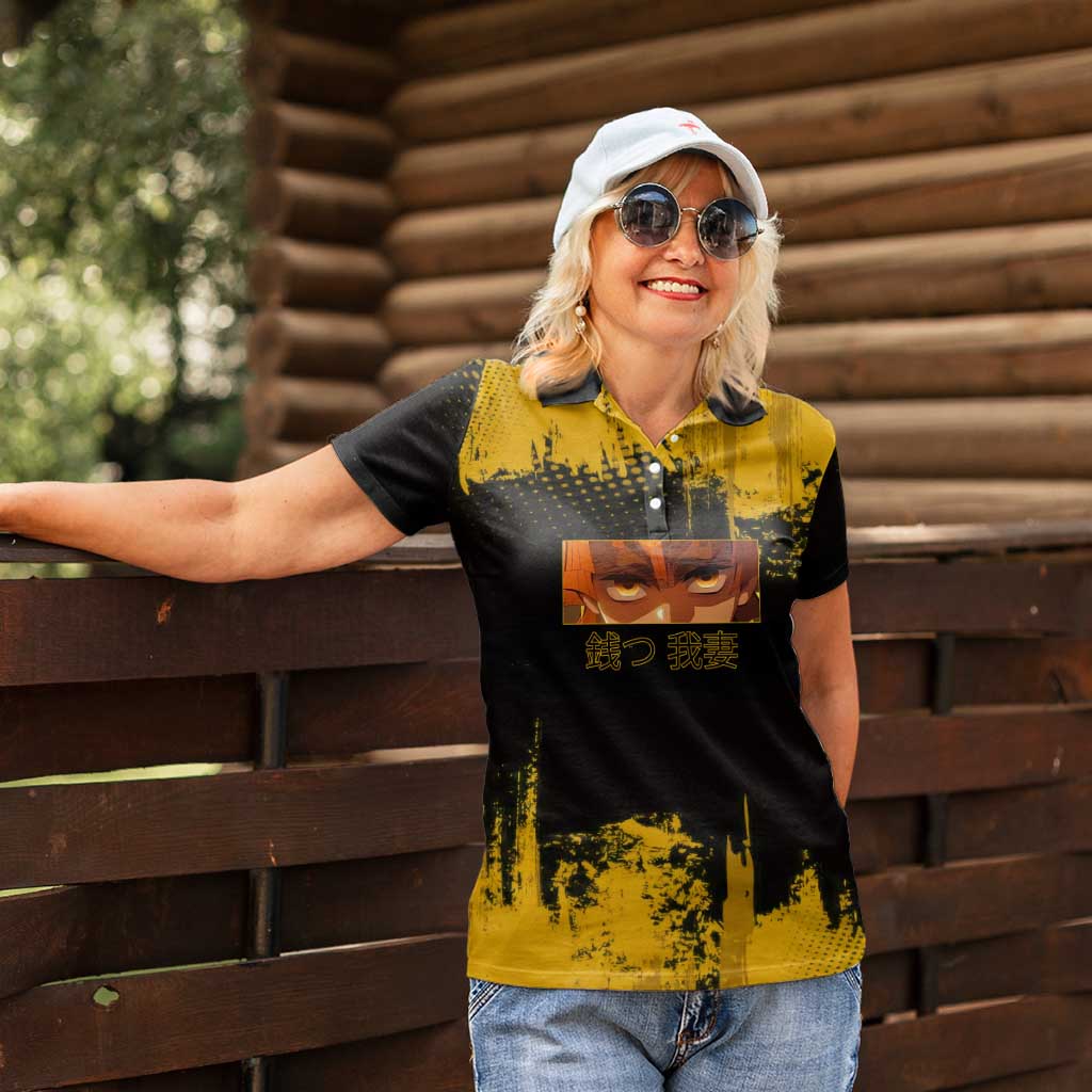Zenitsu Agatsuma Demon Slayer Yellow Grunge Design Women Polo Shirt with Lightning Eyes and Bold Pose - The Mazicc