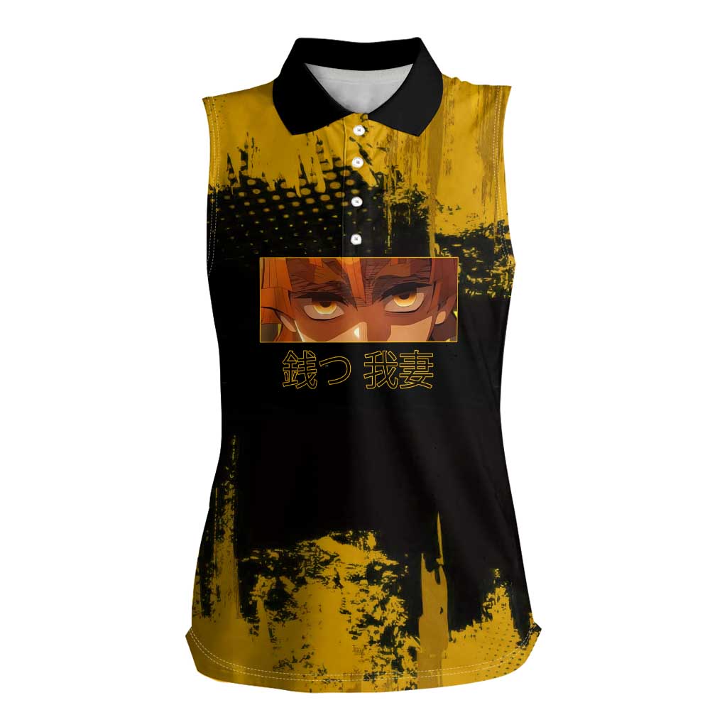 Zenitsu Agatsuma Demon Slayer Yellow Grunge Design Women Sleeveless Polo Shirt with Lightning Eyes and Bold Pose - The Mazicc