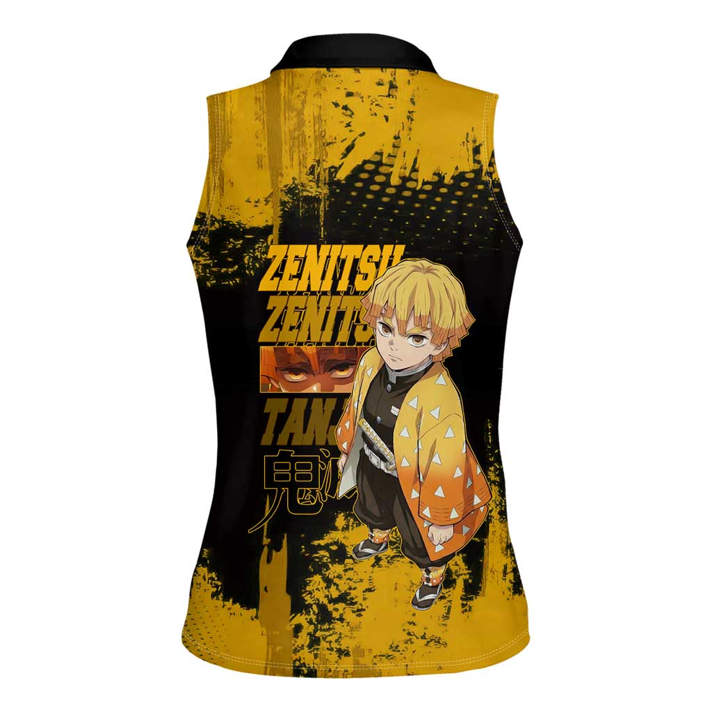 Zenitsu Agatsuma Demon Slayer Yellow Grunge Design Women Sleeveless Polo Shirt with Lightning Eyes and Bold Pose - The Mazicc