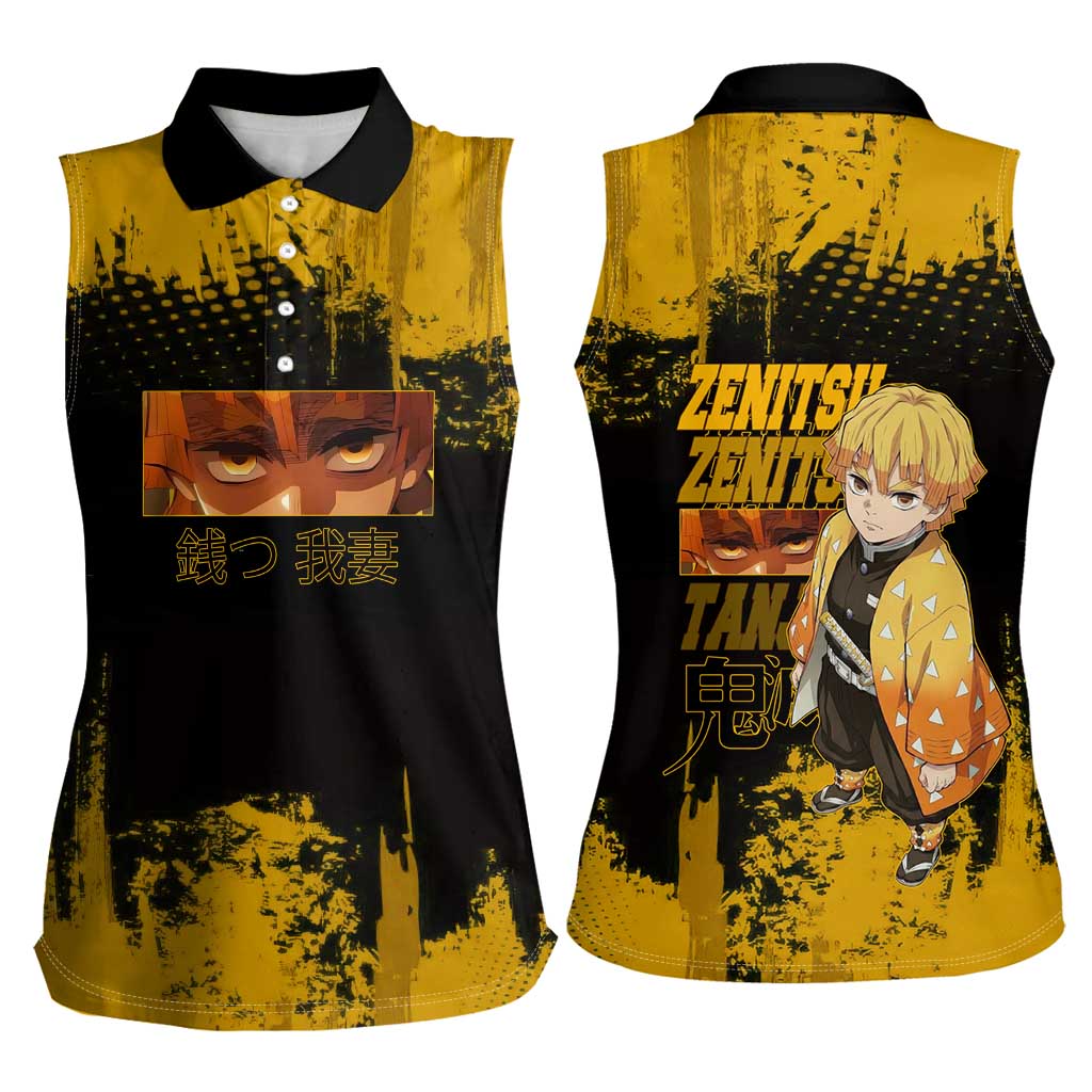 Zenitsu Agatsuma Demon Slayer Yellow Grunge Design Women Sleeveless Polo Shirt with Lightning Eyes and Bold Pose - The Mazicc