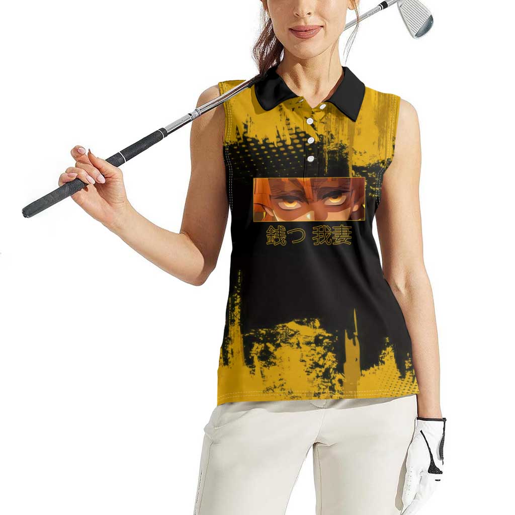 Zenitsu Agatsuma Demon Slayer Yellow Grunge Design Women Sleeveless Polo Shirt with Lightning Eyes and Bold Pose - The Mazicc