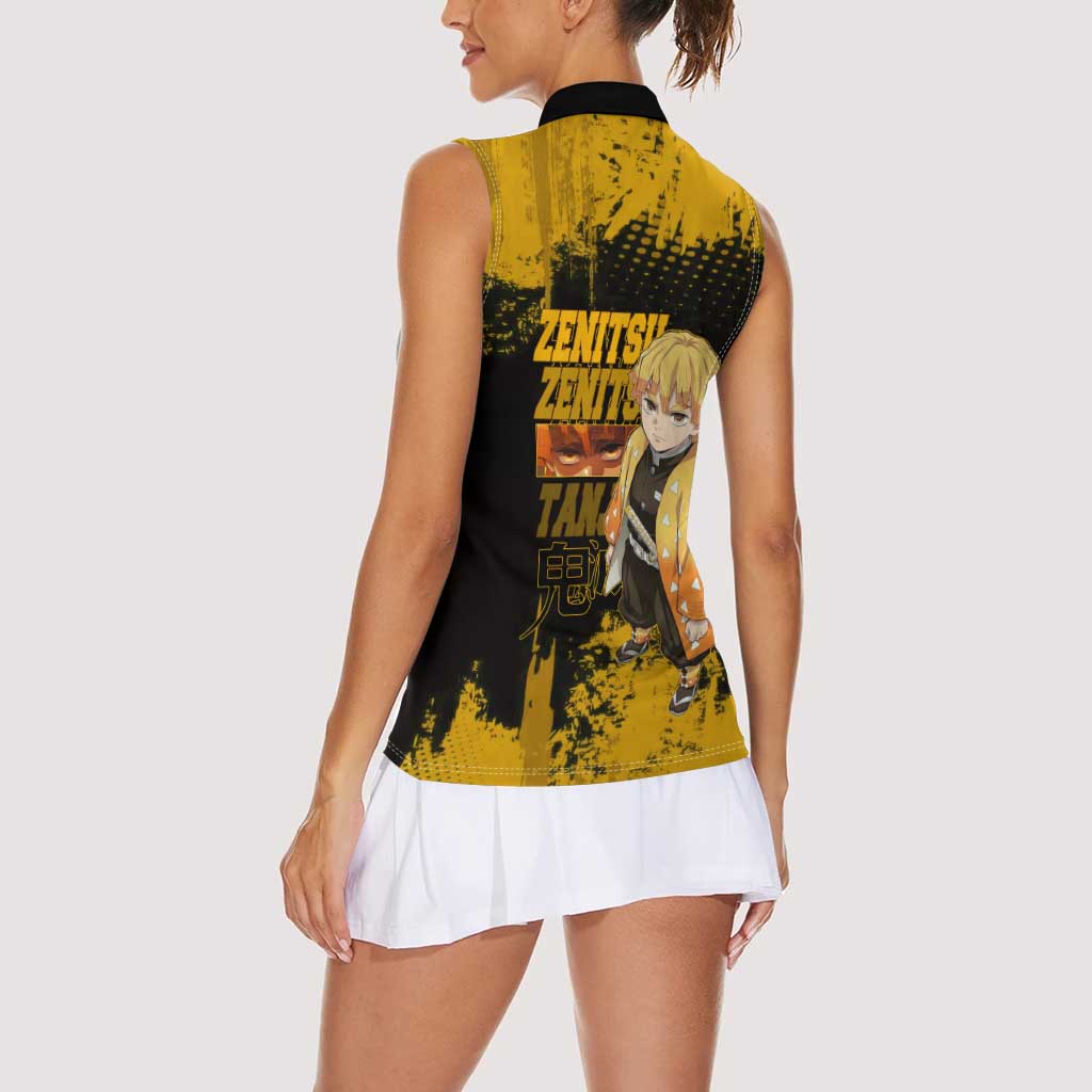 Zenitsu Agatsuma Demon Slayer Yellow Grunge Design Women Sleeveless Polo Shirt with Lightning Eyes and Bold Pose - The Mazicc