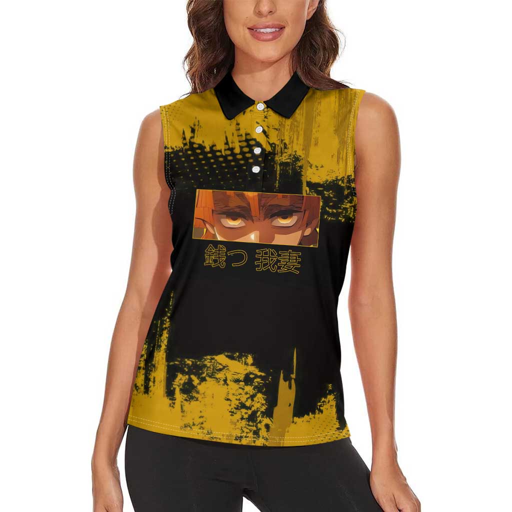 Zenitsu Agatsuma Demon Slayer Yellow Grunge Design Women Sleeveless Polo Shirt with Lightning Eyes and Bold Pose - The Mazicc