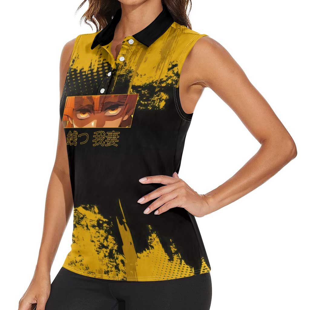 Zenitsu Agatsuma Demon Slayer Yellow Grunge Design Women Sleeveless Polo Shirt with Lightning Eyes and Bold Pose - The Mazicc