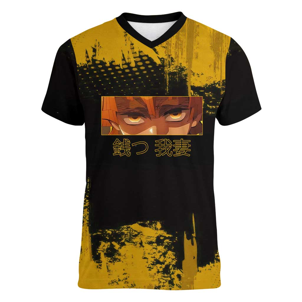 Zenitsu Agatsuma Demon Slayer Yellow Grunge Design Women V-Neck T-Shirt with Lightning Eyes and Bold Pose - The Mazicc