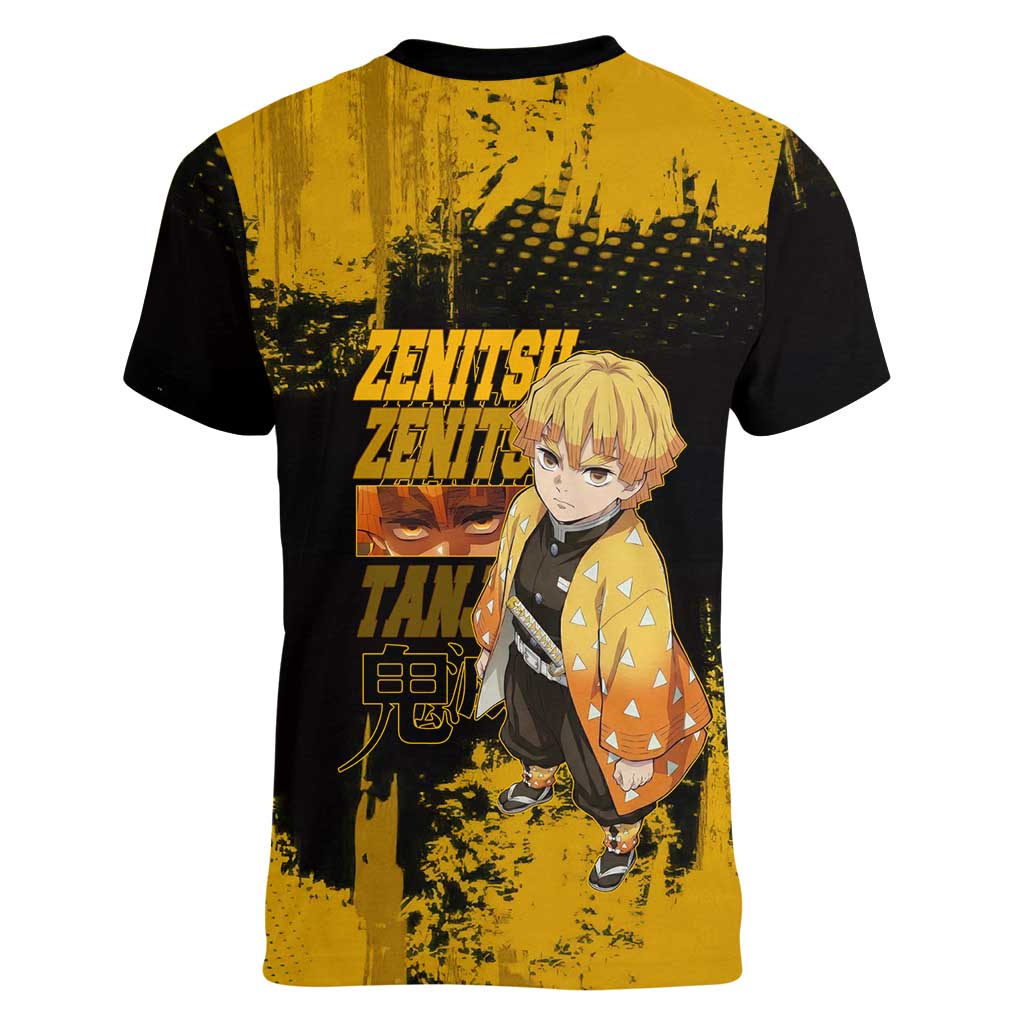 Zenitsu Agatsuma Demon Slayer Yellow Grunge Design Women V-Neck T-Shirt with Lightning Eyes and Bold Pose - The Mazicc