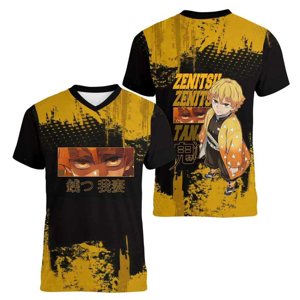 Zenitsu Agatsuma Demon Slayer Yellow Grunge Design Women V-Neck T-Shirt with Lightning Eyes and Bold Pose - The Mazicc