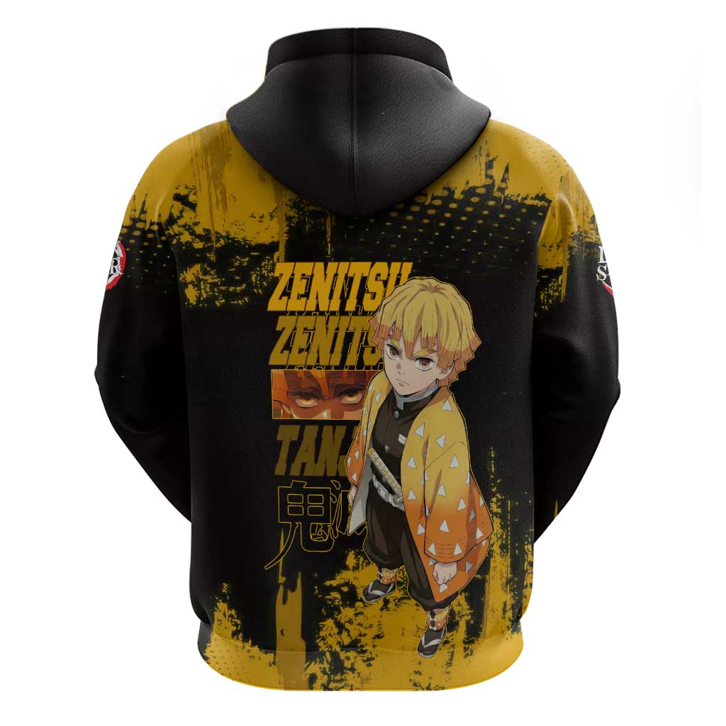 Zenitsu Agatsuma Demon Slayer Yellow Grunge Design Zip Hoodie with Lightning Eyes and Bold Pose - The Mazicc