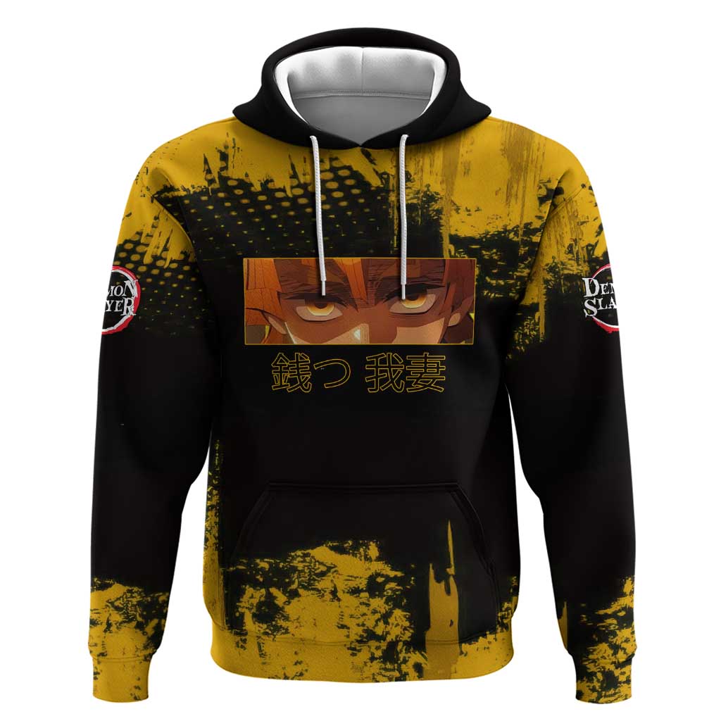 Zenitsu Agatsuma Demon Slayer Yellow Grunge Design Zip Hoodie with Lightning Eyes and Bold Pose - The Mazicc