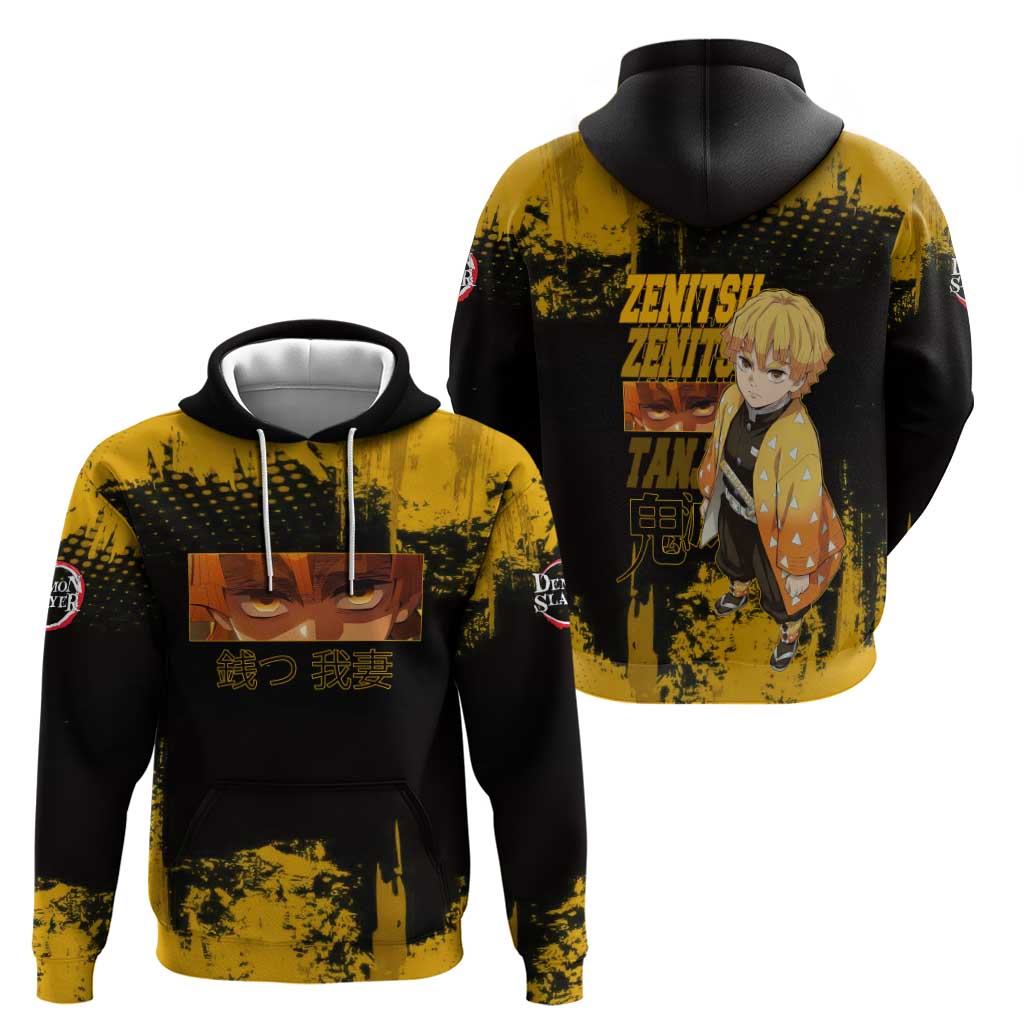 Zenitsu Agatsuma Demon Slayer Yellow Grunge Design Zip Hoodie with Lightning Eyes and Bold Pose - The Mazicc