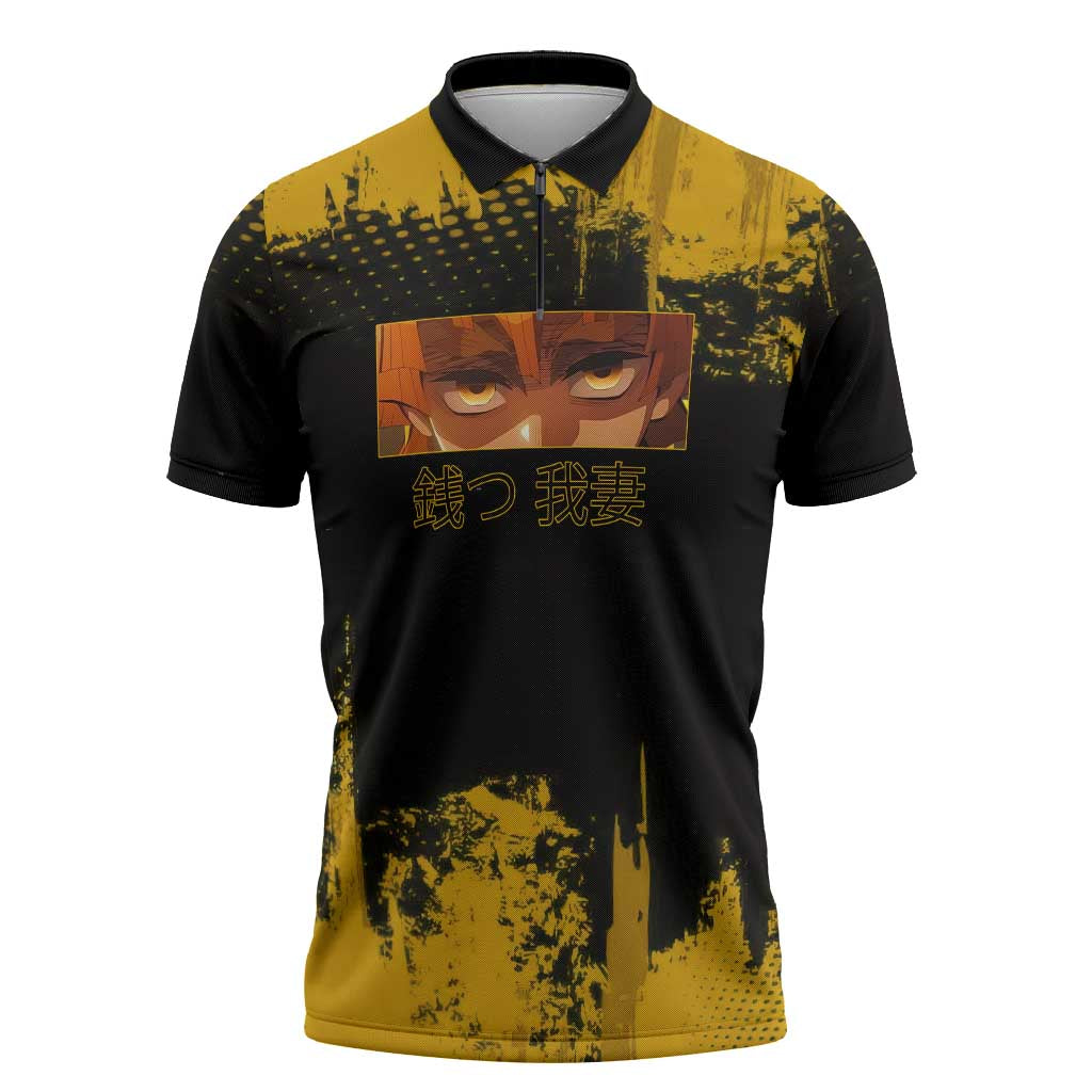 Zenitsu Agatsuma Demon Slayer Yellow Grunge Design Zipper Polo Shirt with Lightning Eyes and Bold Pose - The Mazicc