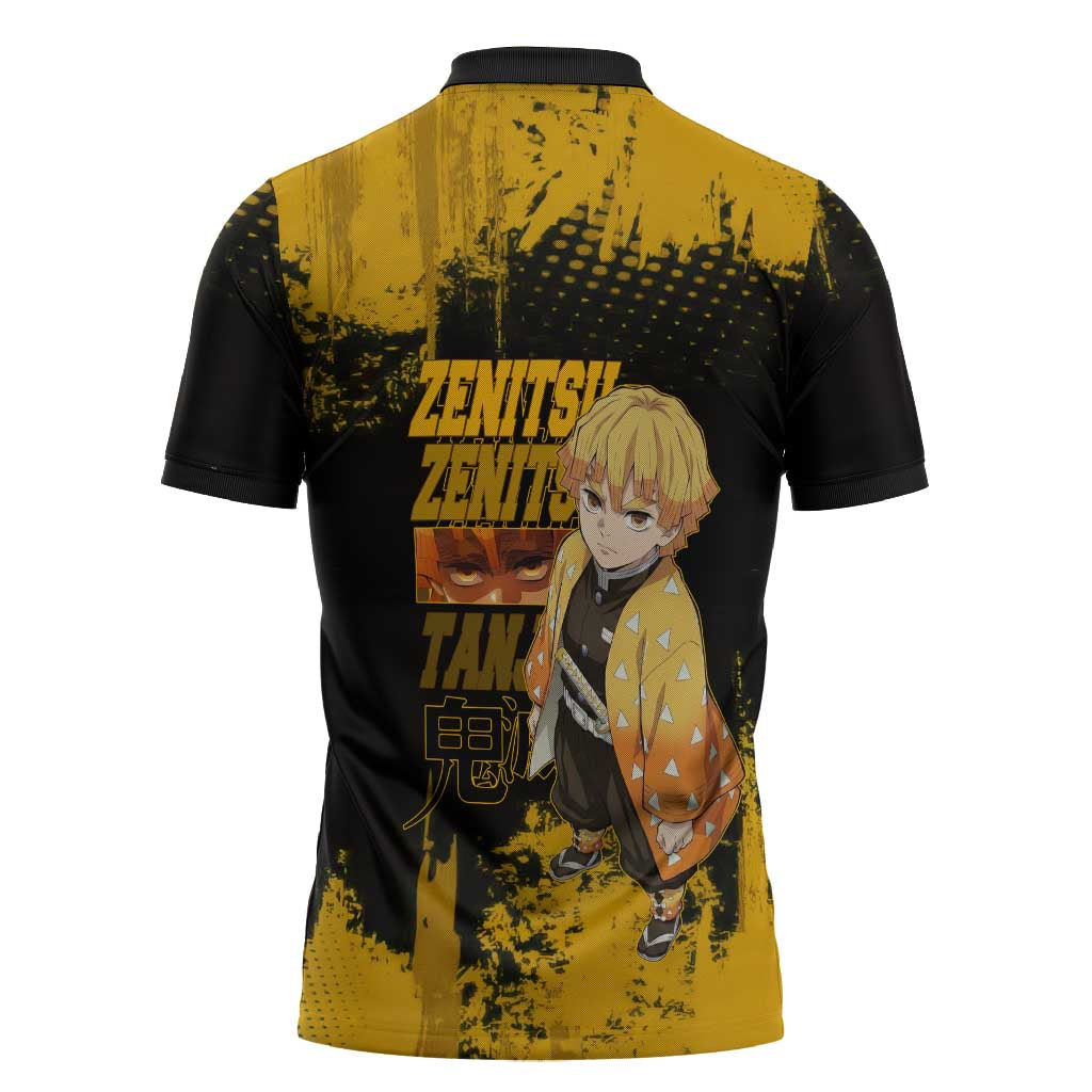 Zenitsu Agatsuma Demon Slayer Yellow Grunge Design Zipper Polo Shirt with Lightning Eyes and Bold Pose - The Mazicc