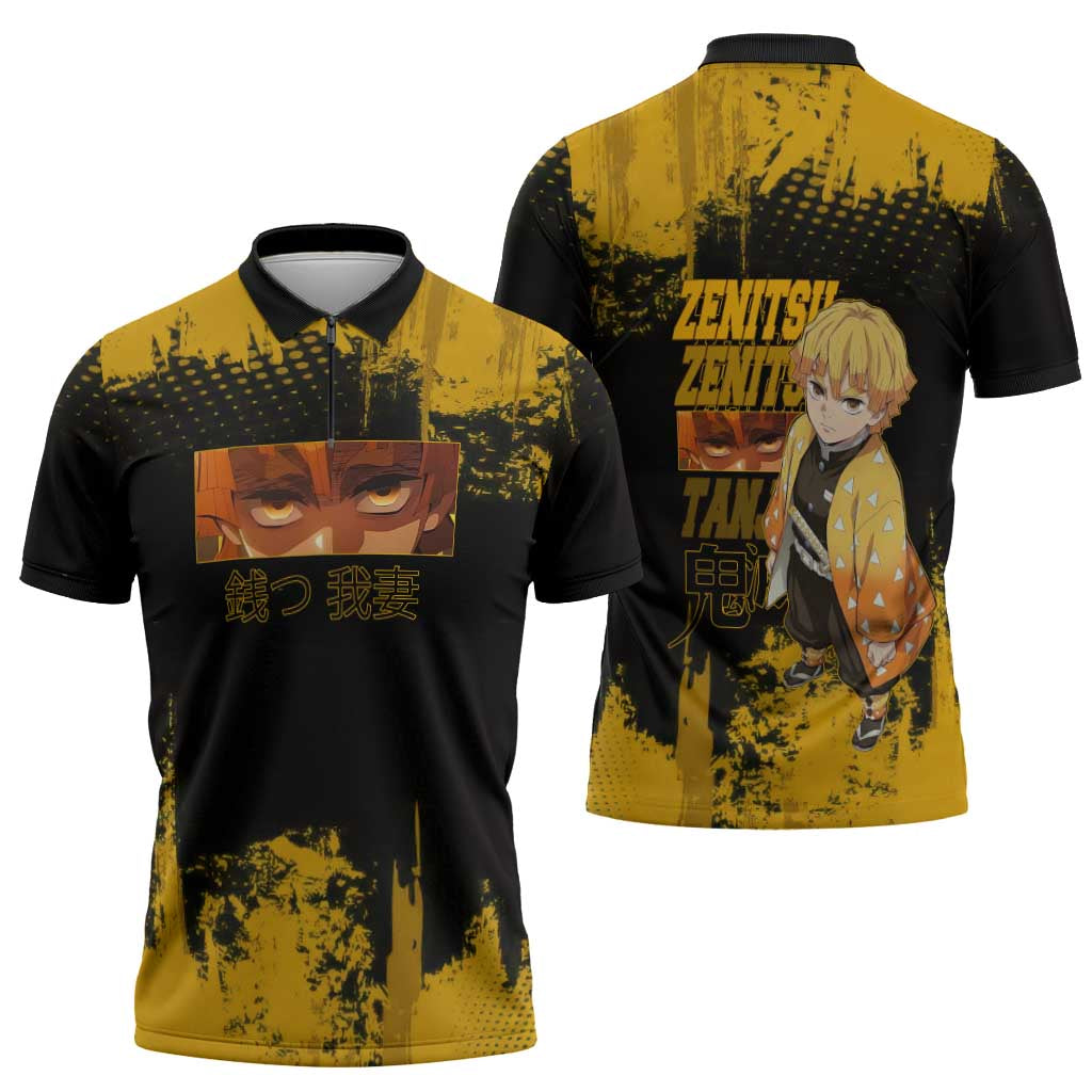 Zenitsu Agatsuma Demon Slayer Yellow Grunge Design Zipper Polo Shirt with Lightning Eyes and Bold Pose - The Mazicc