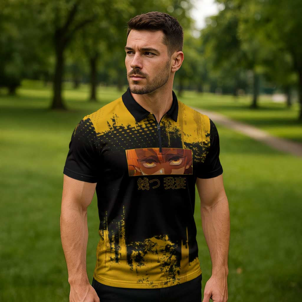Zenitsu Agatsuma Demon Slayer Yellow Grunge Design Zipper Polo Shirt with Lightning Eyes and Bold Pose - The Mazicc