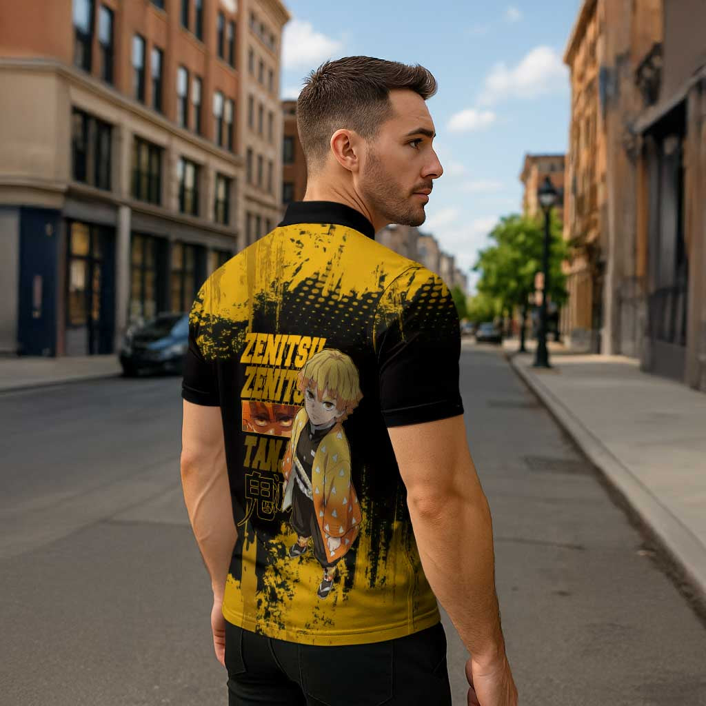 Zenitsu Agatsuma Demon Slayer Yellow Grunge Design Zipper Polo Shirt with Lightning Eyes and Bold Pose - The Mazicc