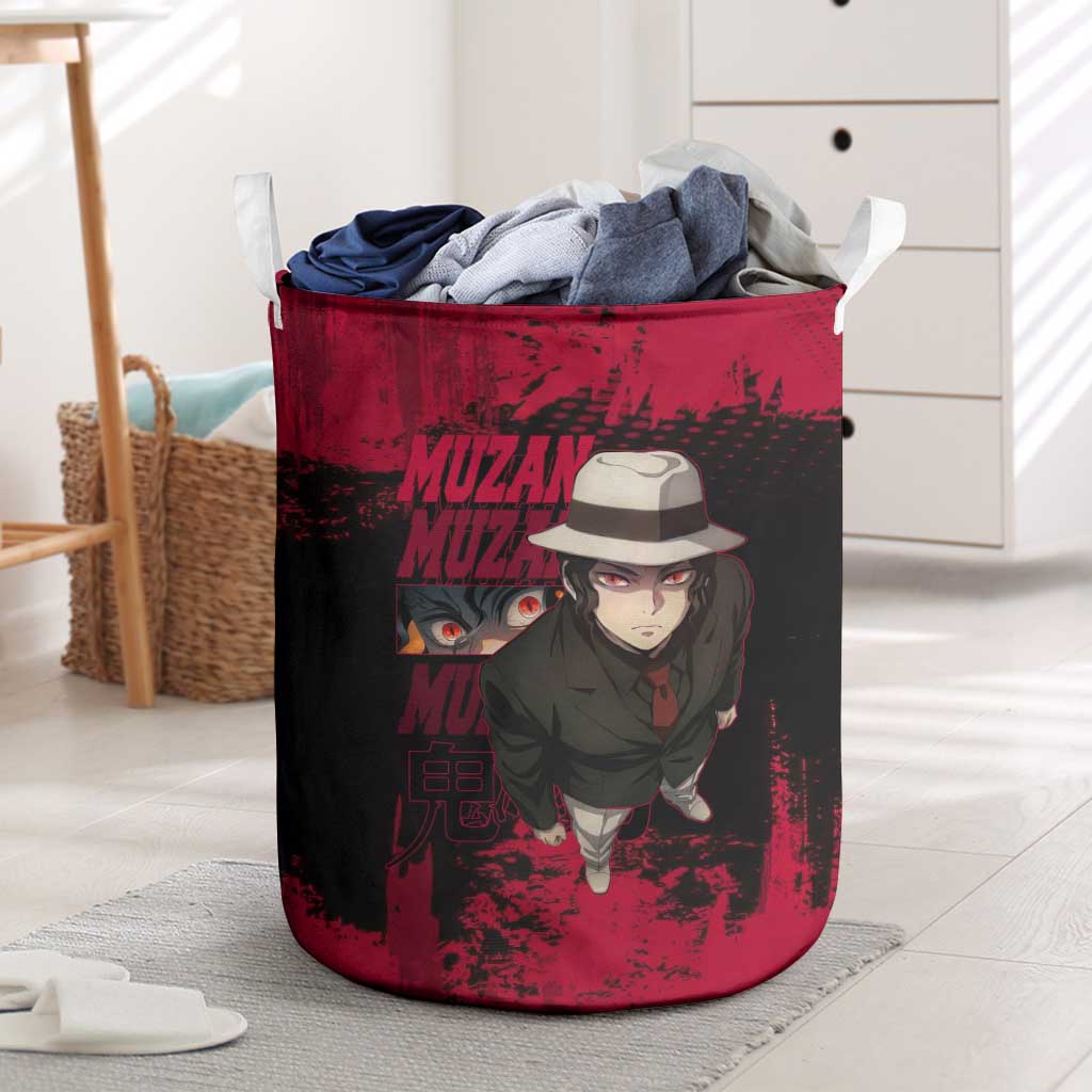 Muzan Kibutsuji Demon Slayer Red Grunge Design Laundry Basket with Intense Eyes and Hat Outfit Pose - The Mazicc