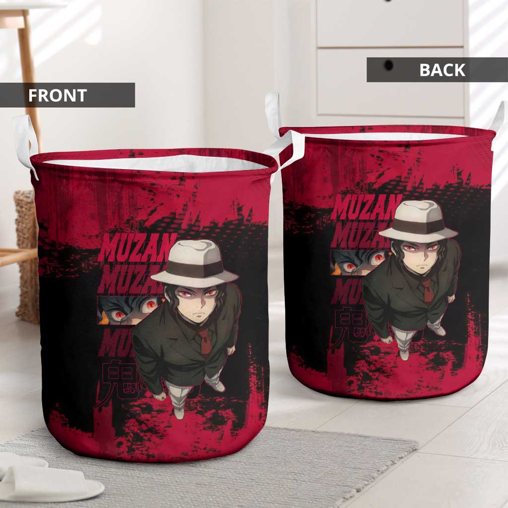 Muzan Kibutsuji Demon Slayer Red Grunge Design Laundry Basket with Intense Eyes and Hat Outfit Pose - The Mazicc