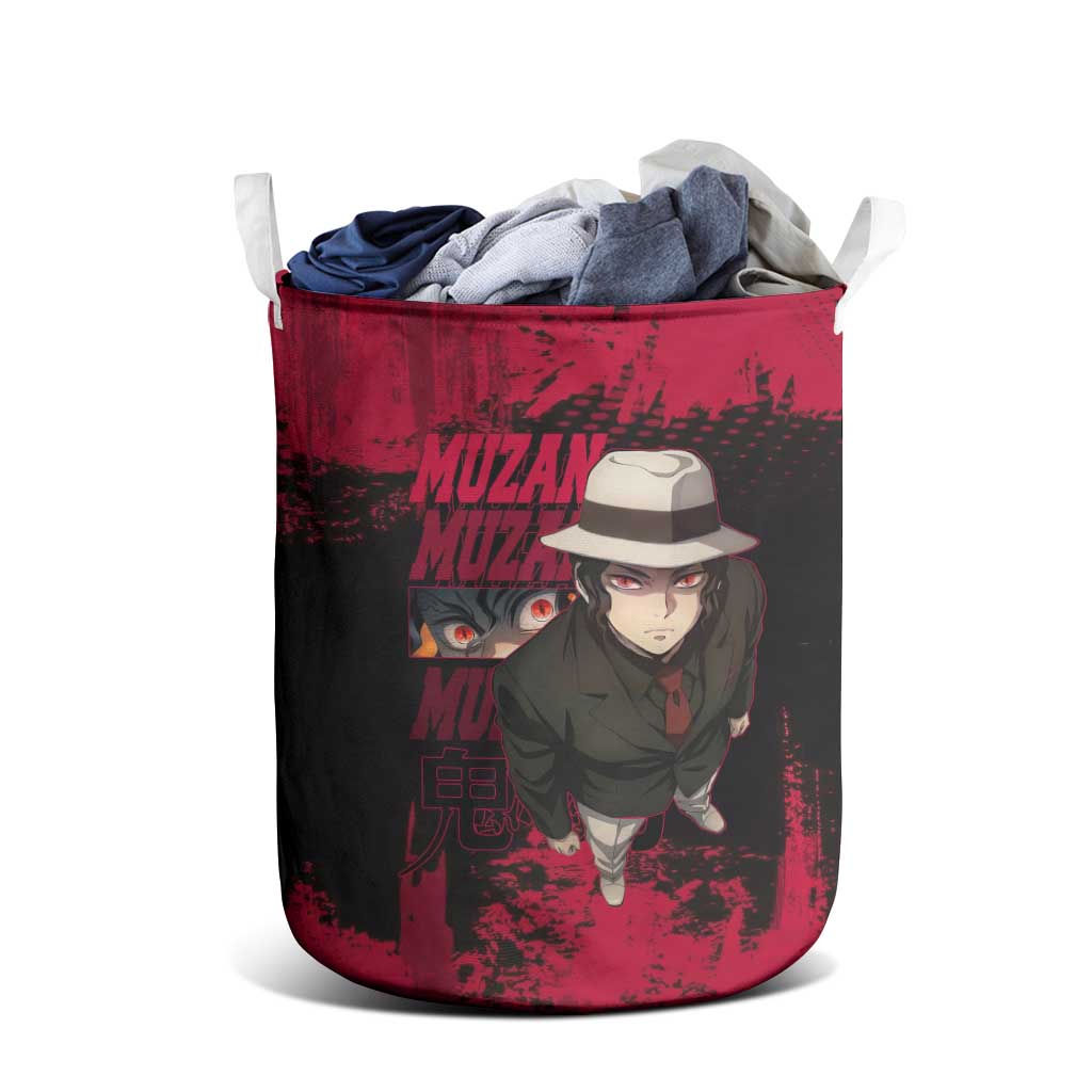 Muzan Kibutsuji Demon Slayer Red Grunge Design Laundry Basket with Intense Eyes and Hat Outfit Pose - The Mazicc
