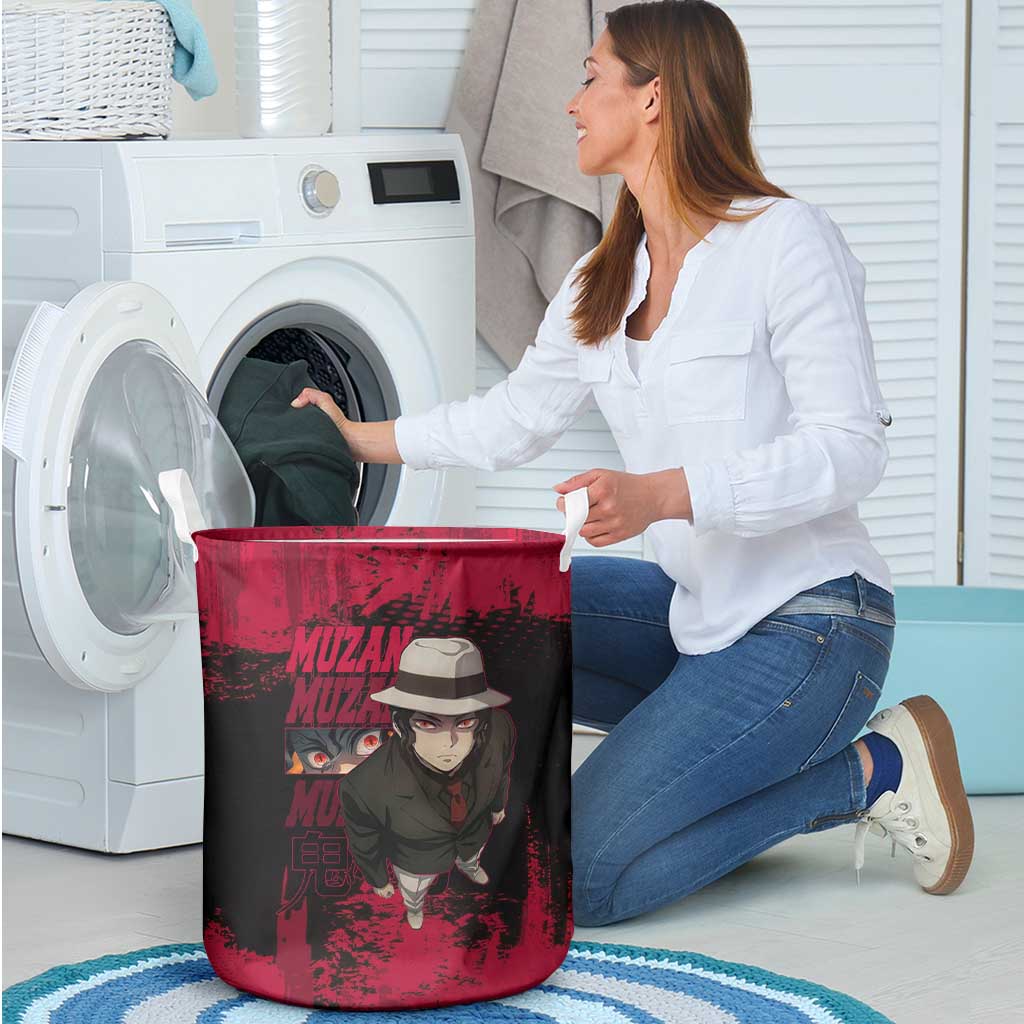 Muzan Kibutsuji Demon Slayer Red Grunge Design Laundry Basket with Intense Eyes and Hat Outfit Pose - The Mazicc