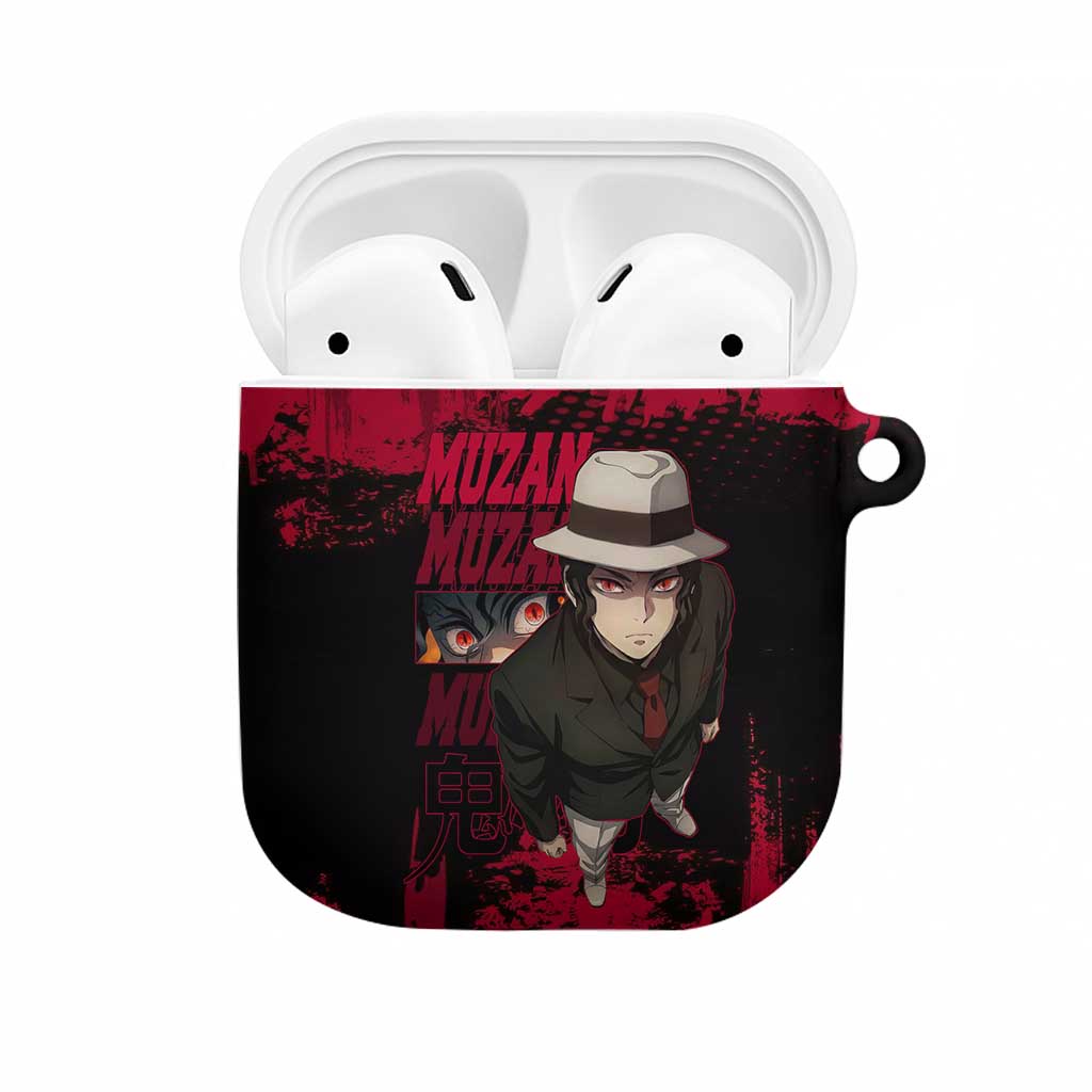 Muzan Kibutsuji Demon Slayer Red Grunge Design AirPods Case with Intense Eyes and Hat Outfit Pose - The Mazicc