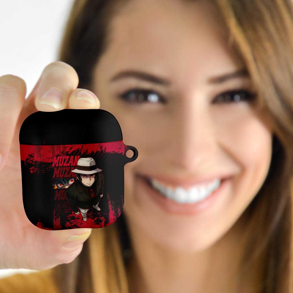 Muzan Kibutsuji Demon Slayer Red Grunge Design AirPods Case with Intense Eyes and Hat Outfit Pose - The Mazicc