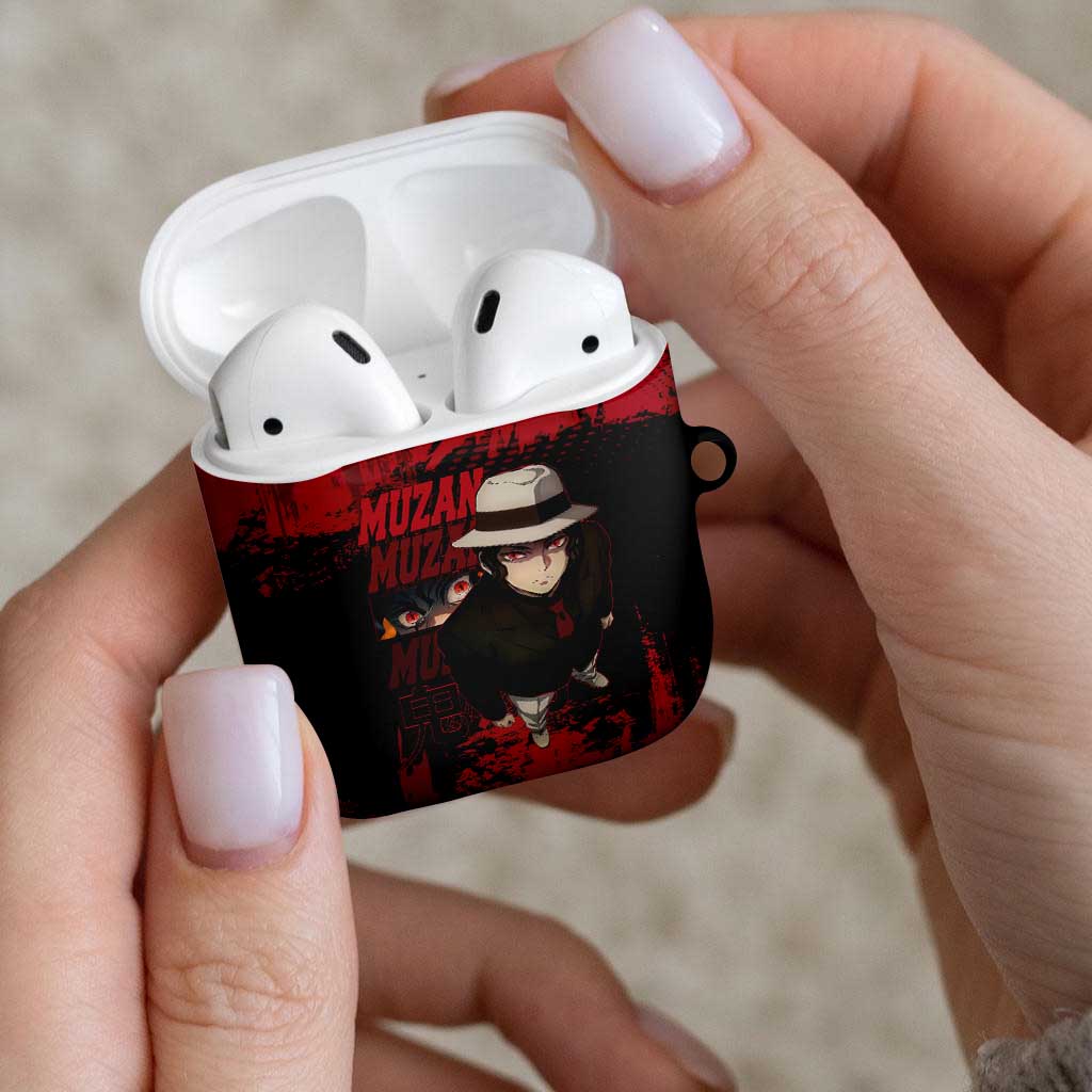 Muzan Kibutsuji Demon Slayer Red Grunge Design AirPods Case with Intense Eyes and Hat Outfit Pose - The Mazicc