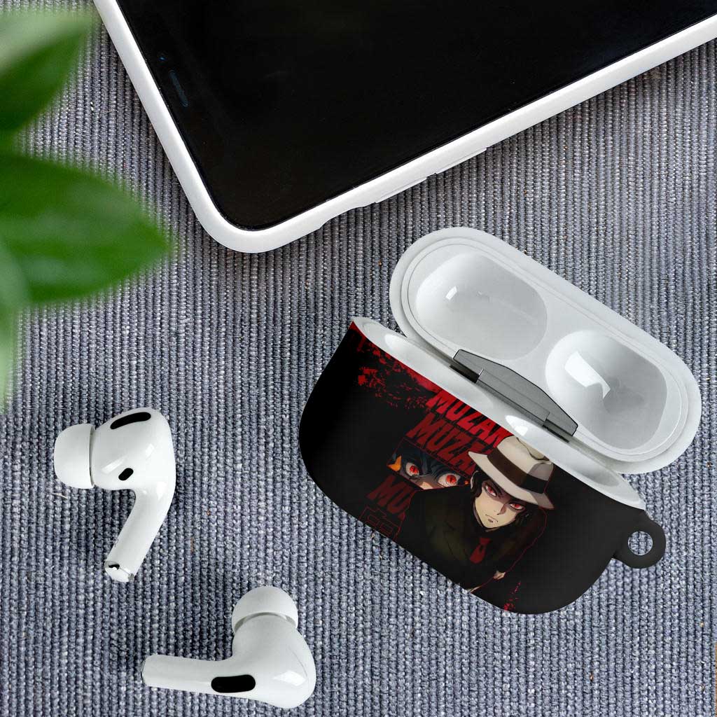 Muzan Kibutsuji Demon Slayer Red Grunge Design AirPods Case with Intense Eyes and Hat Outfit Pose - The Mazicc