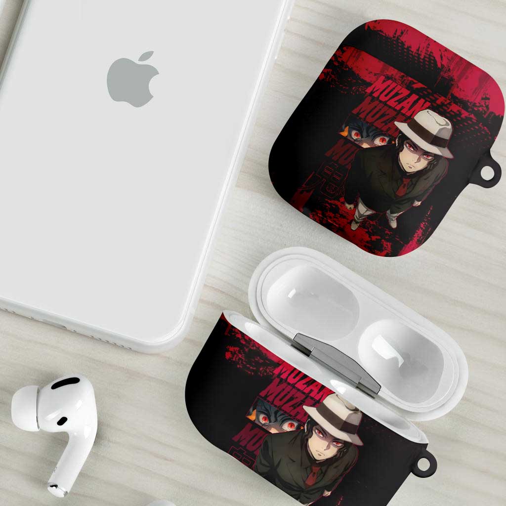 Muzan Kibutsuji Demon Slayer Red Grunge Design AirPods Case with Intense Eyes and Hat Outfit Pose - The Mazicc