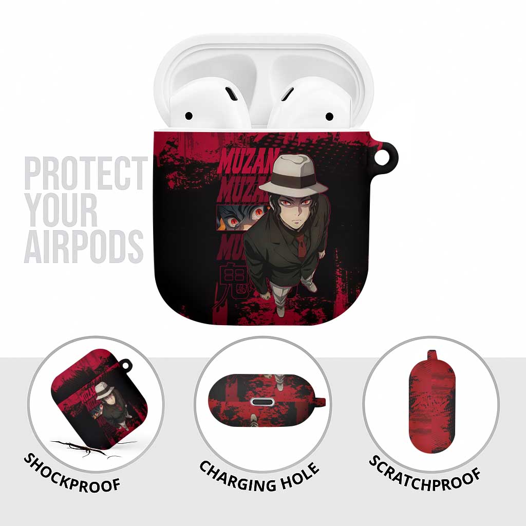 Muzan Kibutsuji Demon Slayer Red Grunge Design AirPods Case with Intense Eyes and Hat Outfit Pose - The Mazicc