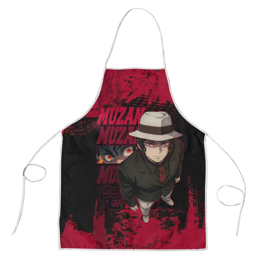 Muzan Kibutsuji Demon Slayer Red Grunge Design Apron with Intense Eyes and Hat Outfit Pose - The Mazicc