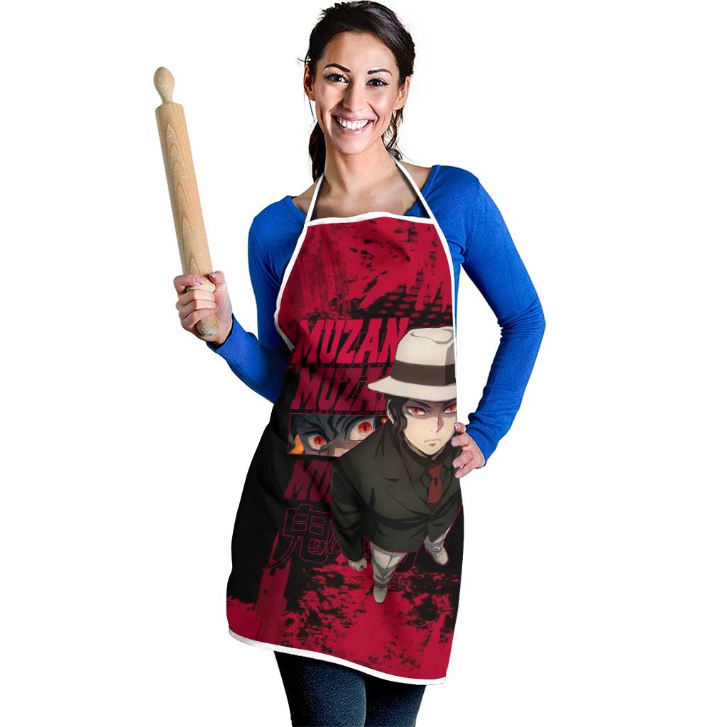 Muzan Kibutsuji Demon Slayer Red Grunge Design Apron with Intense Eyes and Hat Outfit Pose - The Mazicc