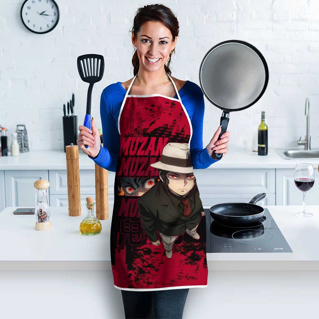 Muzan Kibutsuji Demon Slayer Red Grunge Design Apron with Intense Eyes and Hat Outfit Pose - The Mazicc