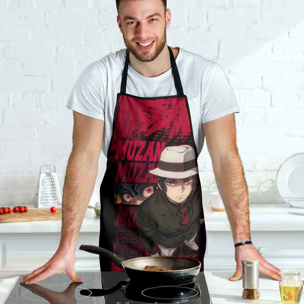 Muzan Kibutsuji Demon Slayer Red Grunge Design Apron with Intense Eyes and Hat Outfit Pose - The Mazicc