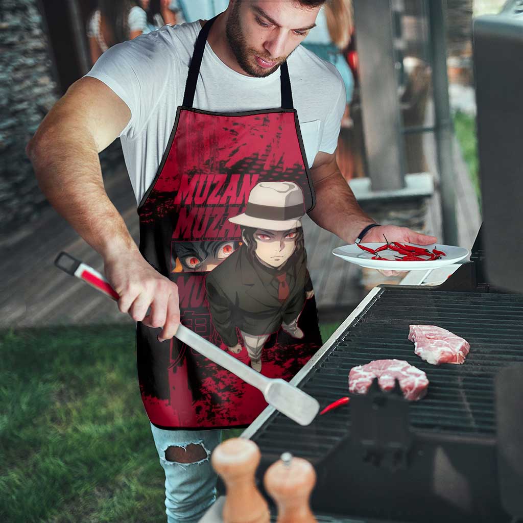 Muzan Kibutsuji Demon Slayer Red Grunge Design Apron with Intense Eyes and Hat Outfit Pose - The Mazicc