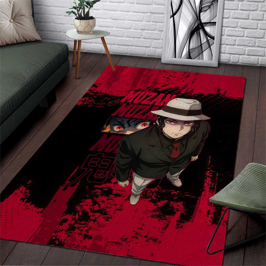 Muzan Kibutsuji Demon Slayer Red Grunge Design Area Rug with Intense Eyes and Hat Outfit Pose - The Mazicc