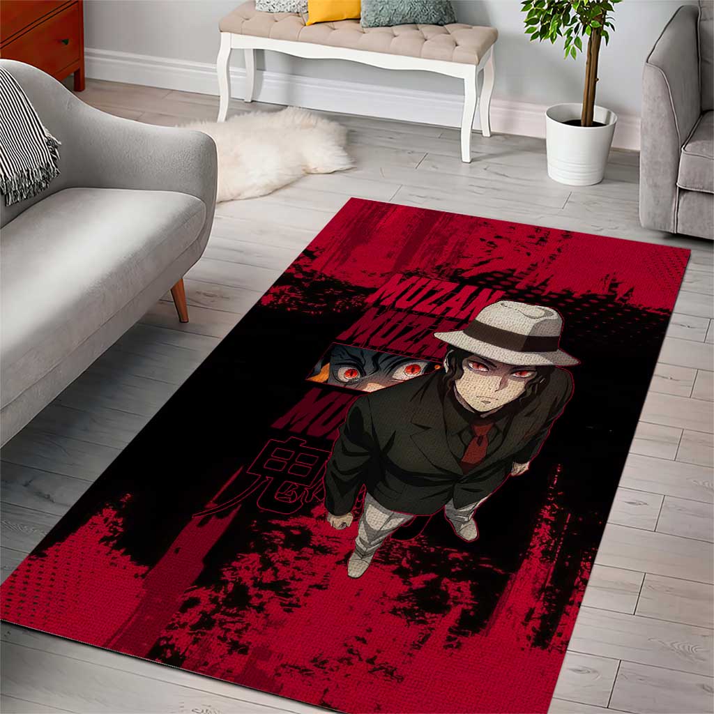 Muzan Kibutsuji Demon Slayer Red Grunge Design Area Rug with Intense Eyes and Hat Outfit Pose - The Mazicc