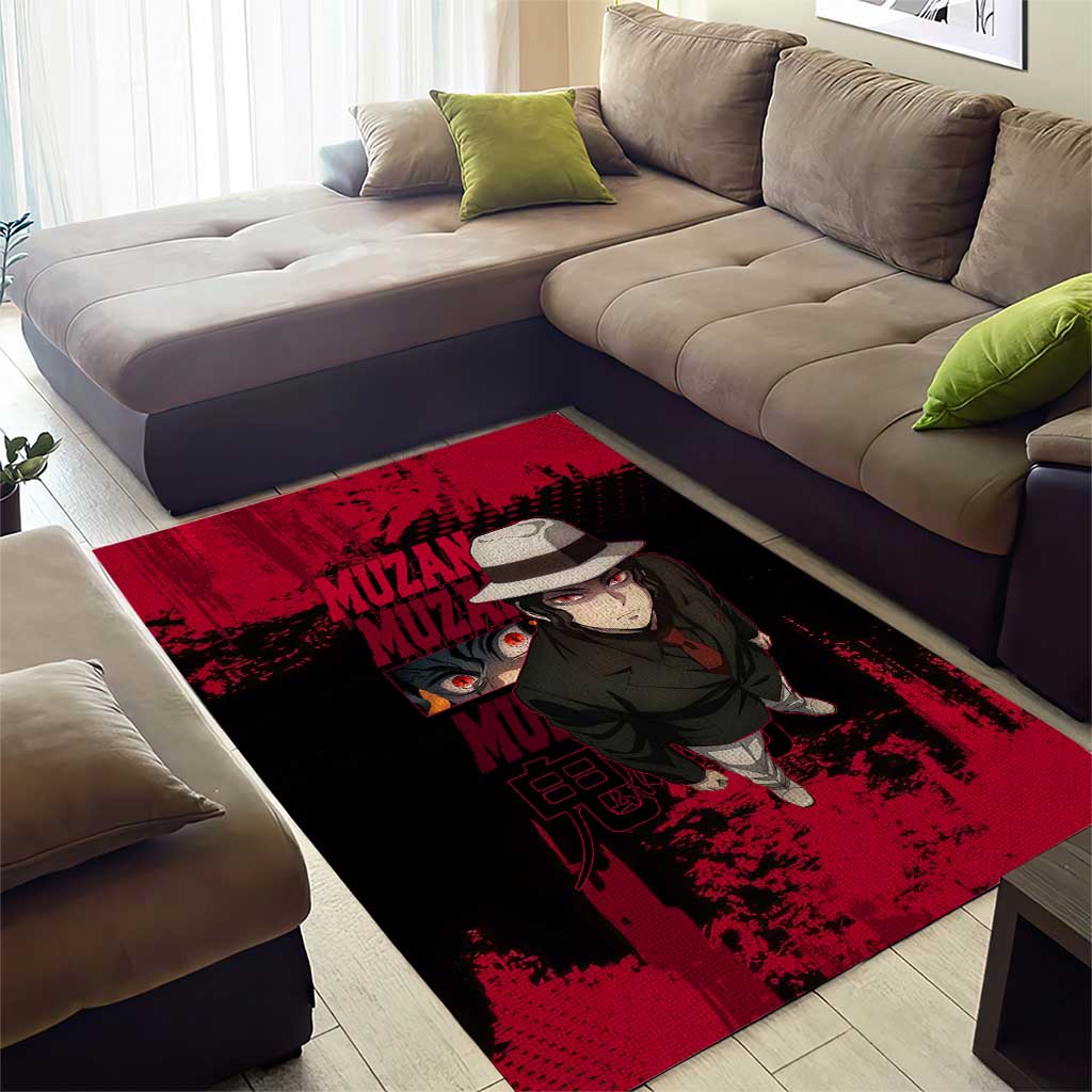 Muzan Kibutsuji Demon Slayer Red Grunge Design Area Rug with Intense Eyes and Hat Outfit Pose - The Mazicc