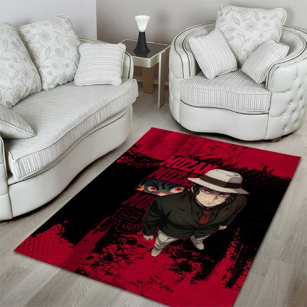 Muzan Kibutsuji Demon Slayer Red Grunge Design Area Rug with Intense Eyes and Hat Outfit Pose - The Mazicc