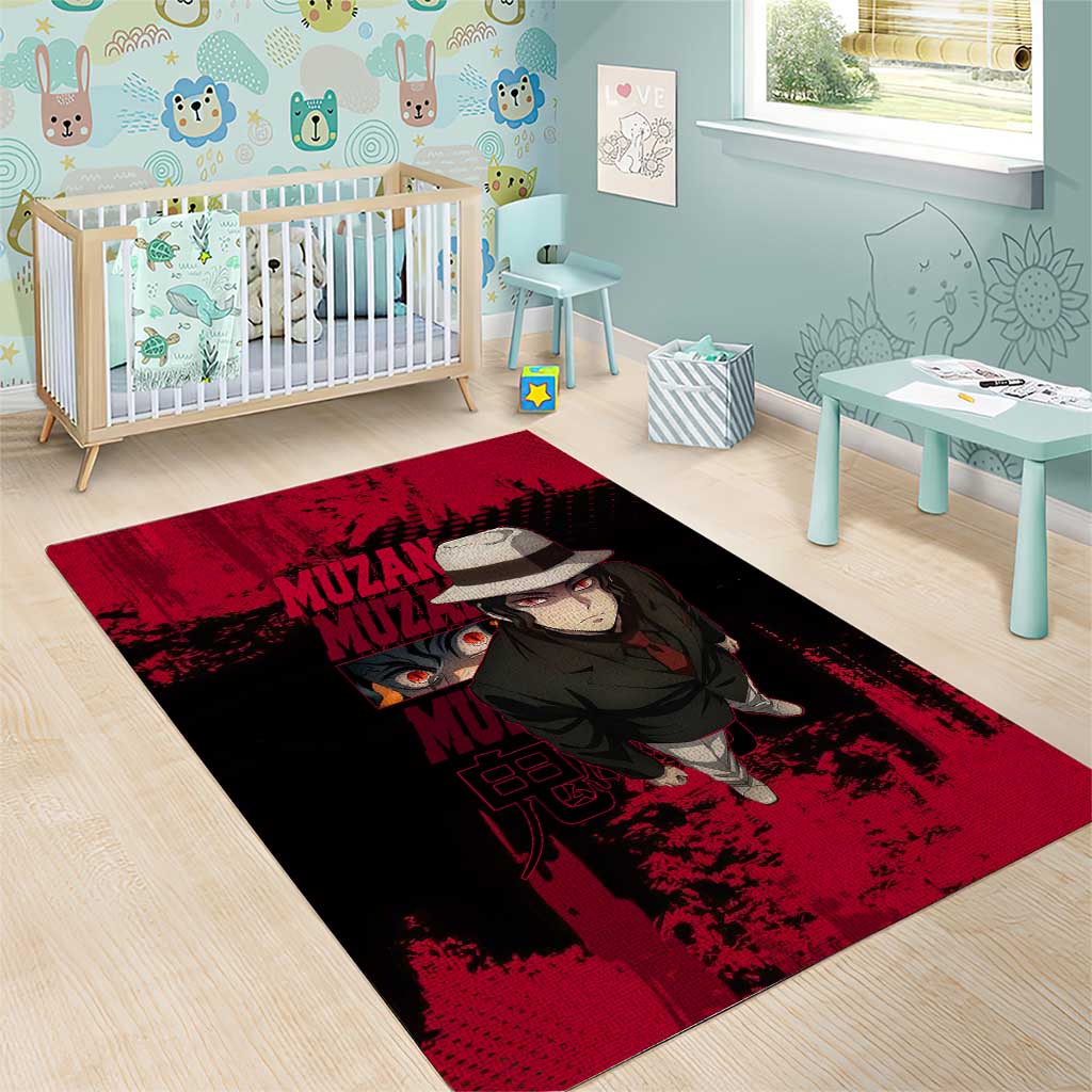 Muzan Kibutsuji Demon Slayer Red Grunge Design Area Rug with Intense Eyes and Hat Outfit Pose - The Mazicc