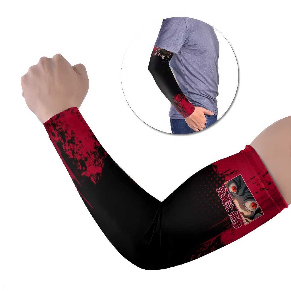 Muzan Kibutsuji Demon Slayer Red Grunge Design Arm Sleeves with Intense Eyes and Hat Outfit Pose - The Mazicc