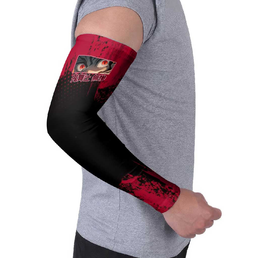 Muzan Kibutsuji Demon Slayer Red Grunge Design Arm Sleeves with Intense Eyes and Hat Outfit Pose - The Mazicc